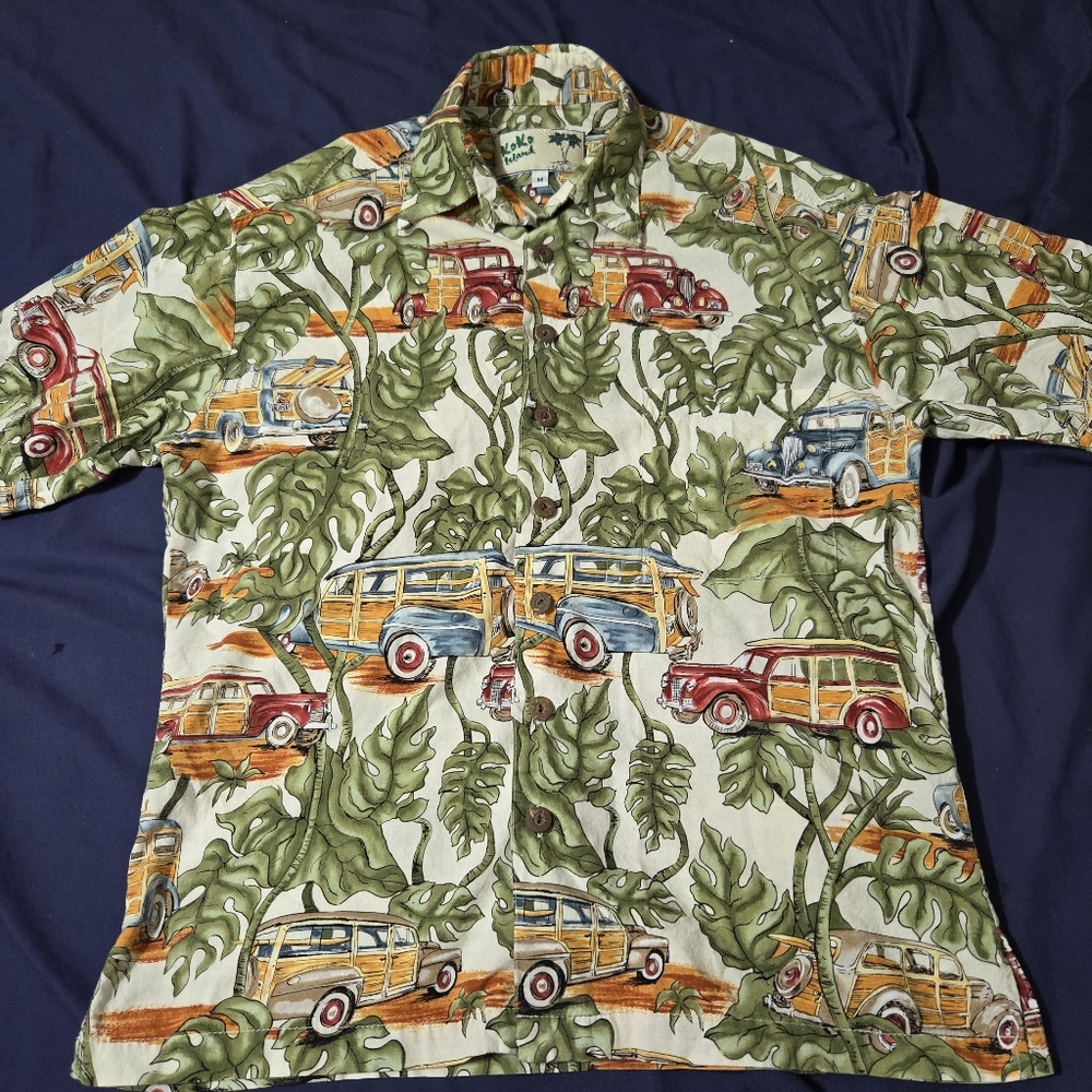 Koko Island Hawaiian Button Up Shirt Mens Medium Vintage USA Classic Vehicles